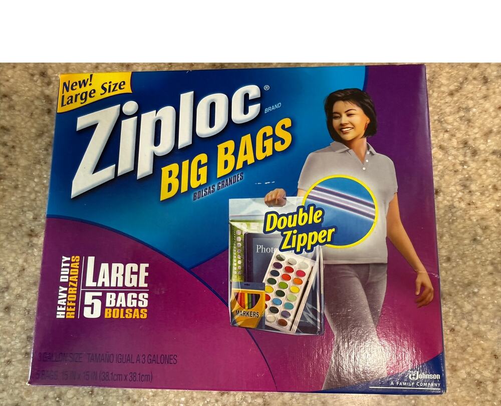 New! Ziploc Big Bag 5 large 3 gallon storage handles double zipper